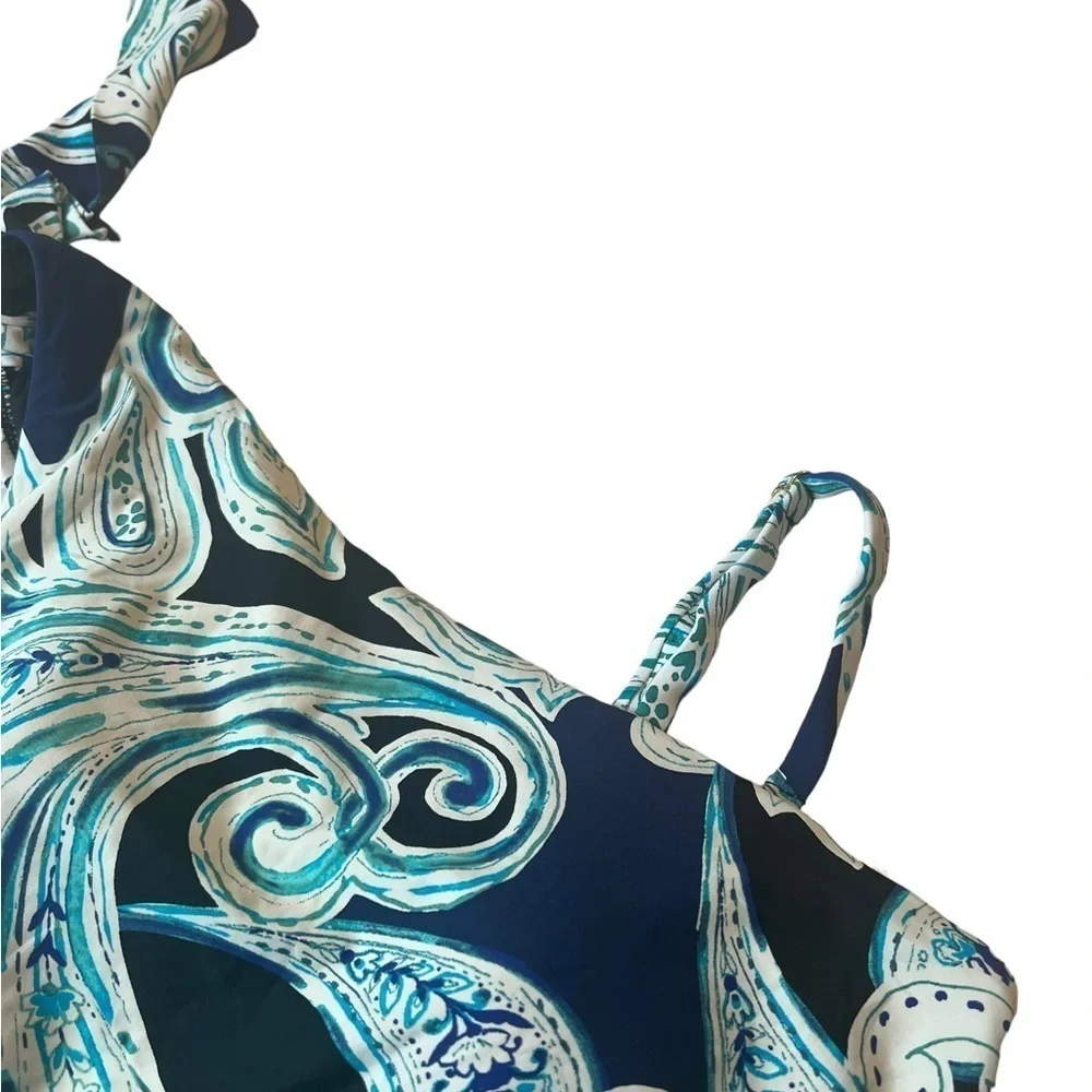 Swim Solution One Shoulder Navy Paisley One Piece Swimsuit Tummy Enhancer - Picture 12 of 15